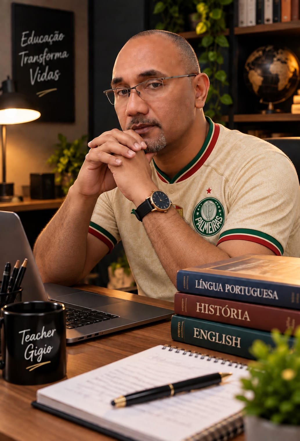 Teacher Gigio em seu espaço de aprendizagem.